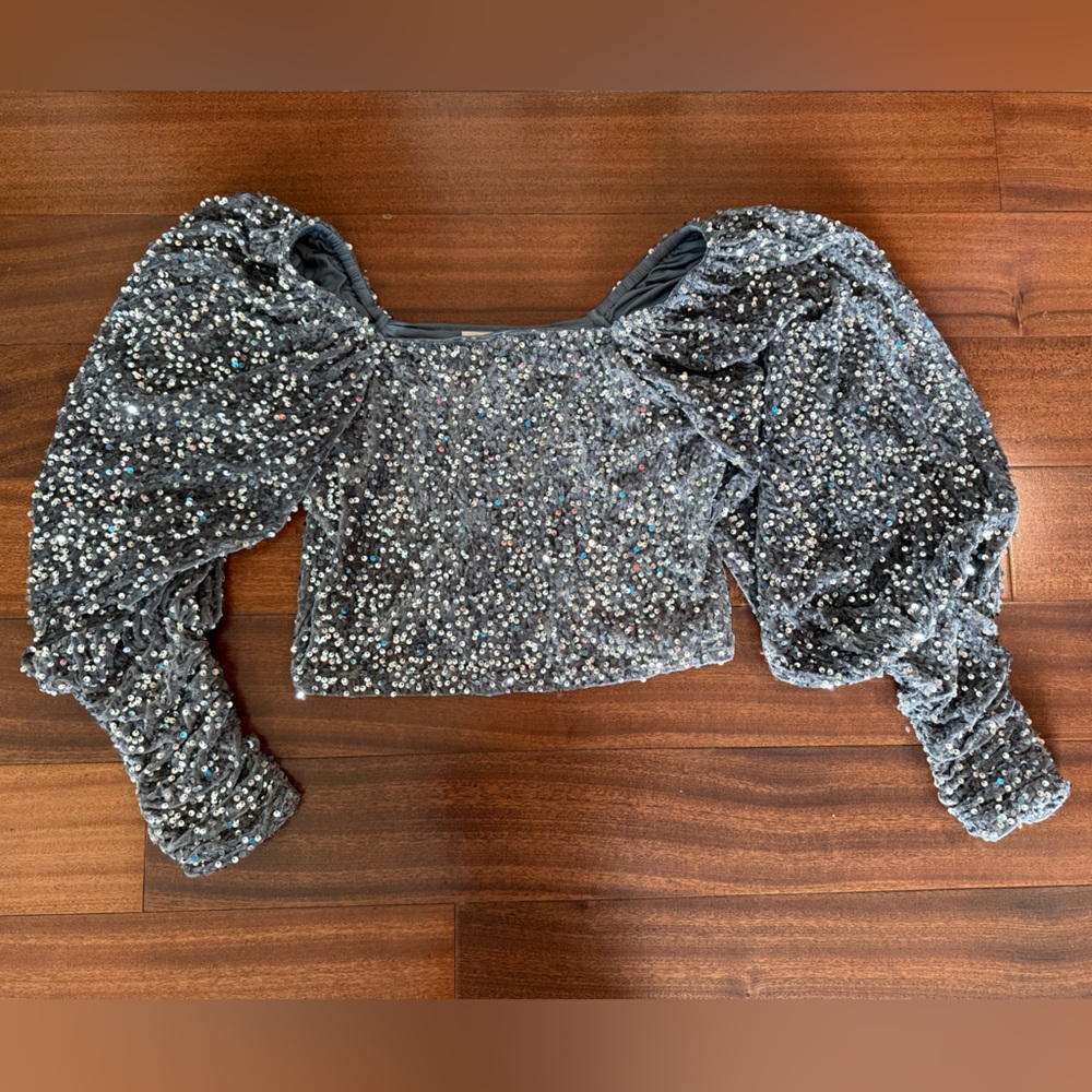 Listicle Silver Sequin Crop Top with Puff Sleeves